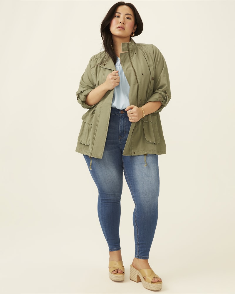 Plus size model wearing Farrah Utility Jacket by Kensie | Dia&Co | dia_product_style_image_id:195010